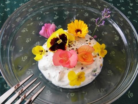 Topfen-Kräuteraufstrich mit Blüten