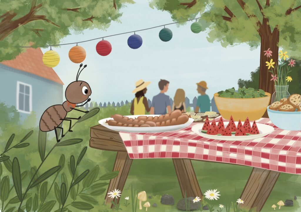 Illustration einer Ameise mit Picknicktisch