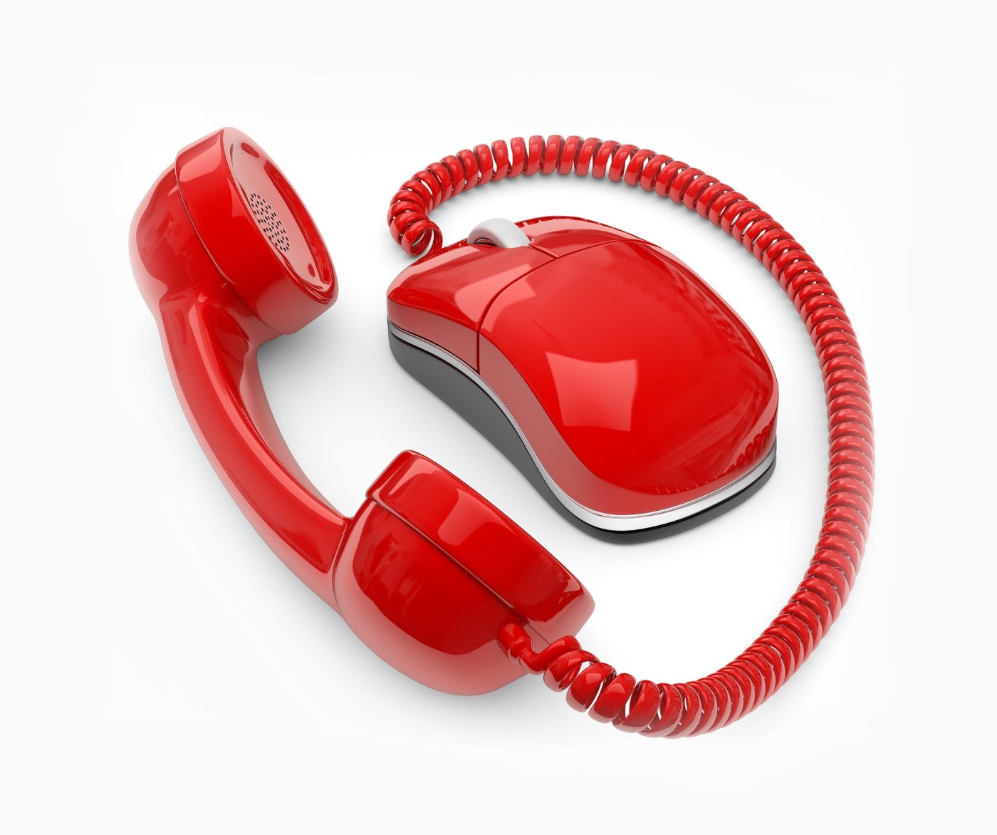 Roter Telefonhörer hängt an roter Computermaus.