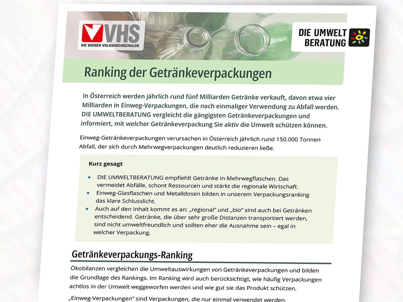 Ranking der Getränkeverpackungen Infoblatt
