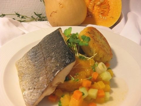 Forelle mit Ofenkürbis und Polentalaibchen