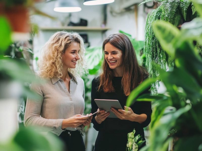 Beratungssituation mit zwei Frauen, die auf ein Tablet sehen und lachen