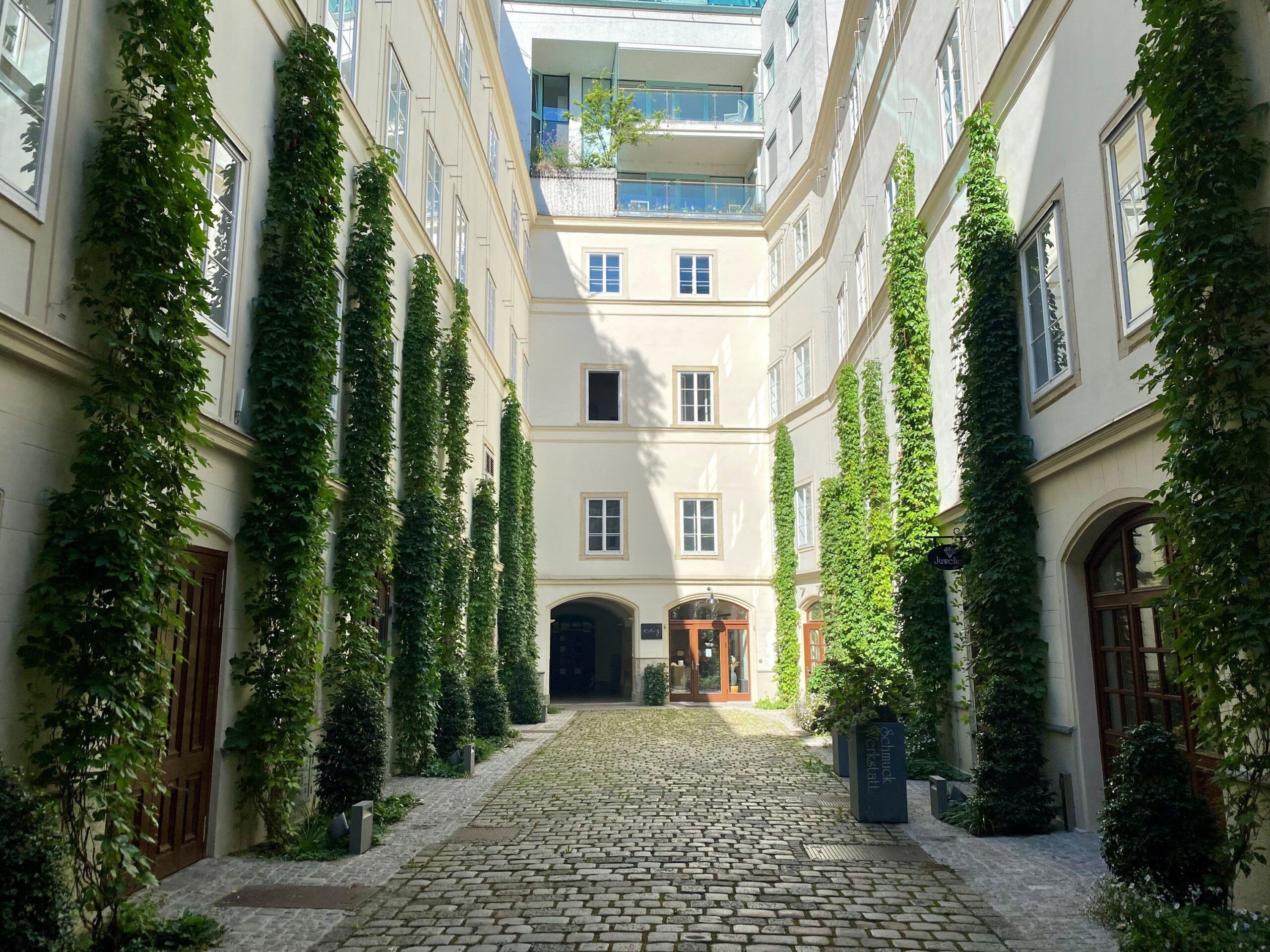 Hof mit Kletterpflanzen an der Fassade