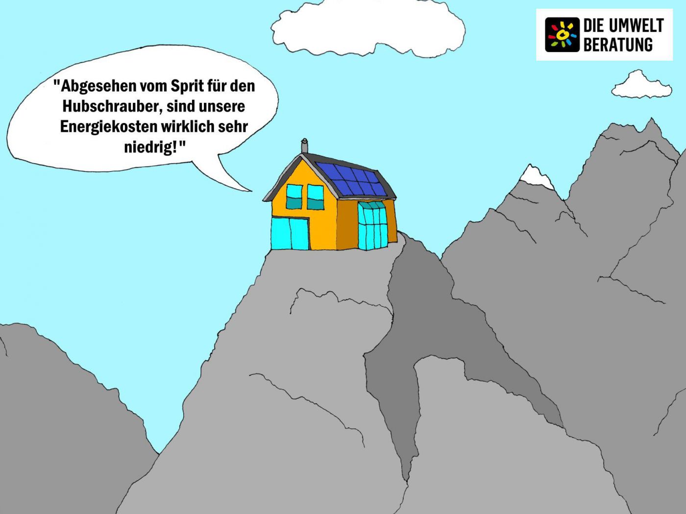 Cartoon mit einsamem Haus am Berggipfel