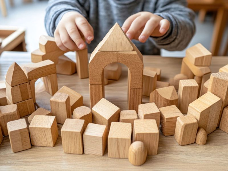 Kind baut mit nachhaltigen Holzbausteinen ein Haus