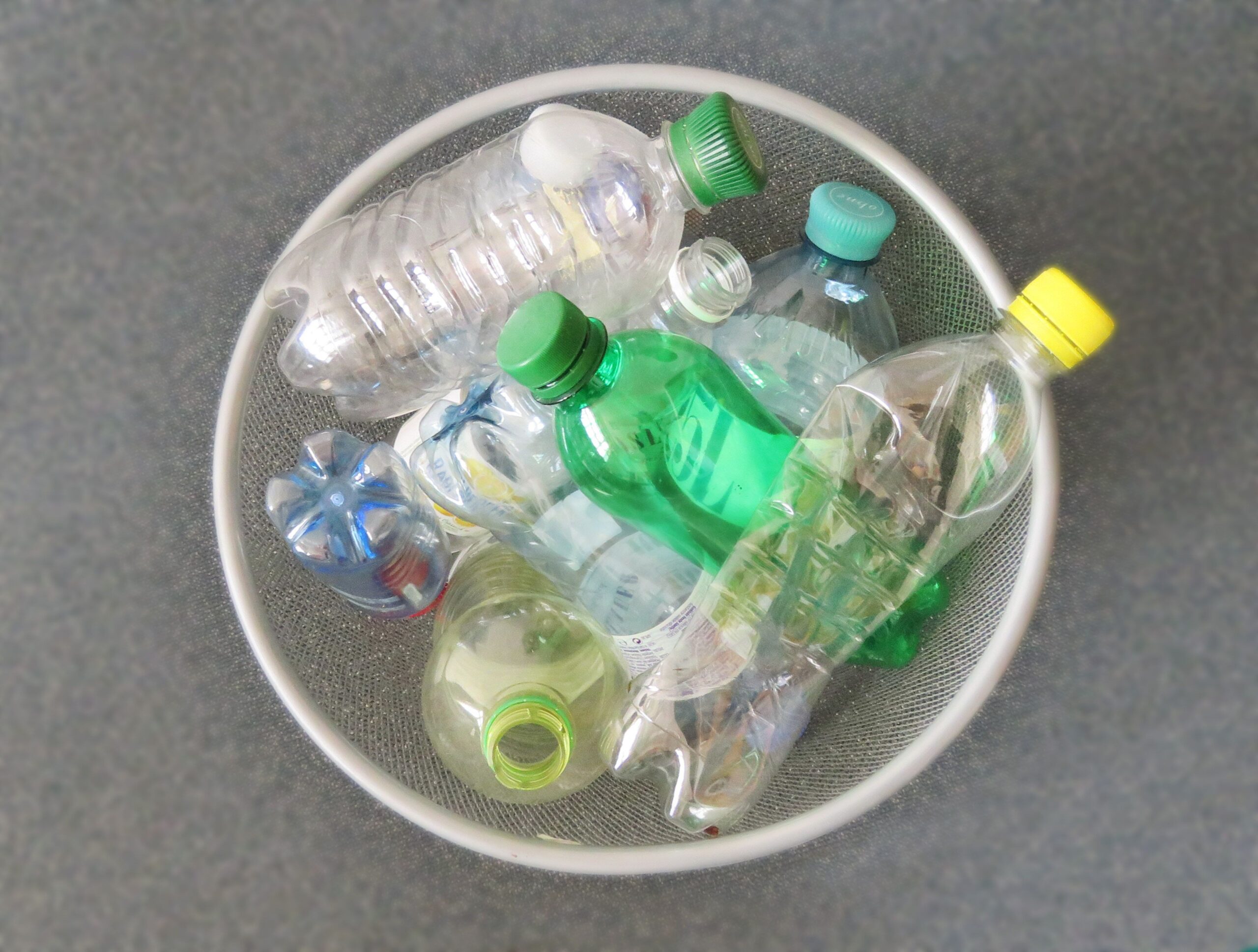 Zerbeulte Plastikflaschen in Mistkübel