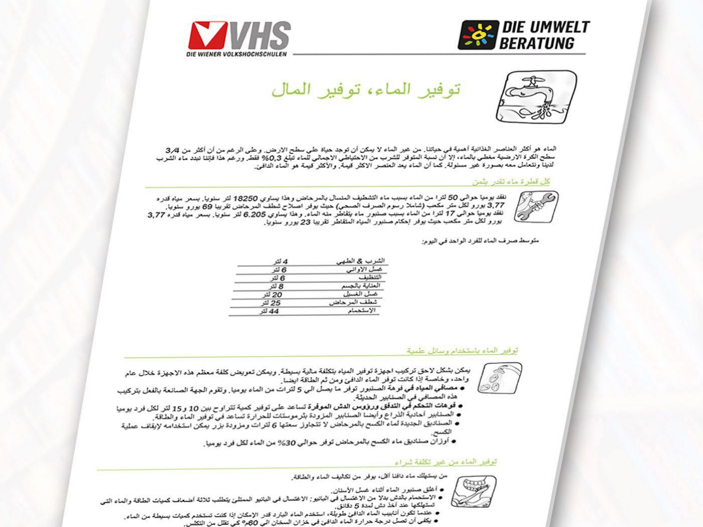 Infoblatt "Wasser Sparen" - arabisch